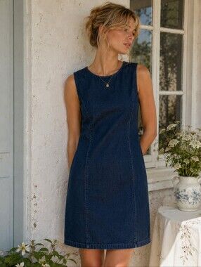 VINTAGE EXPRESSIONS Denim Shift Dress Womens Large Blue Y2K Minimalist 90s